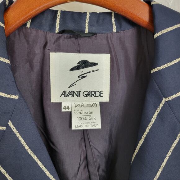 Vintage Avant‎ Garde Silk Jacket Womens 44 Navy Blue Pin Striped Italian Minimal - Picture 4 of 11